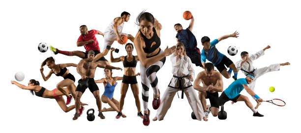 enorme collage multideportivo de atletismo, tenis, fútbol, baloncesto, etc. - atleta papel social fotografías e imágenes de stock