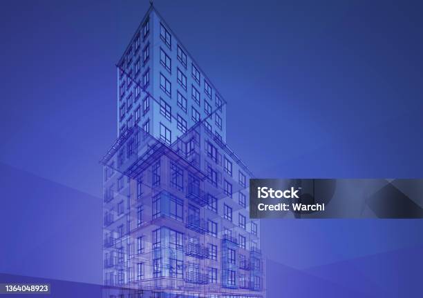Architecture On Blue Background Stock Photo - Download Image Now - Building Information Modeling, Building Exterior, Three Dimensional