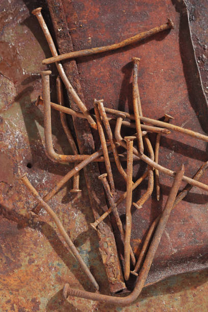 Old rusting nails Old rusting nails on a grunge metal background, top view rusty nails stock pictures, royalty-free photos & images