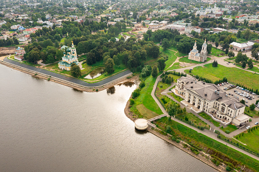 Drone view of the Volga River and temples, as well as residential areas in the city of Uglich