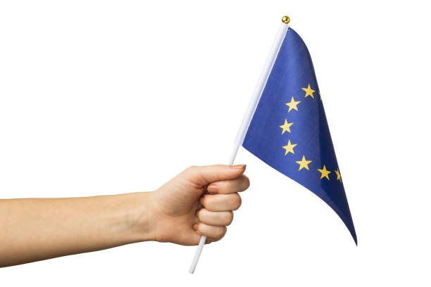 istock Hand holds EU flag isolated on white background, template for designers 1364053771