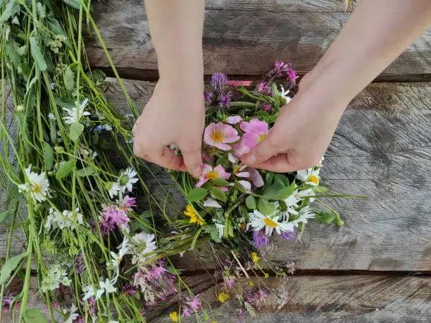 Photo of Female hand makes a bouquet   of wild flowers