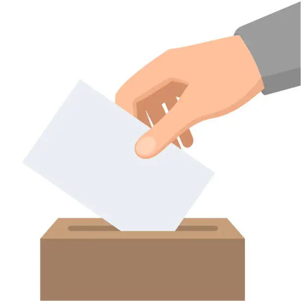 Vector illustration of A man`s hand holds a ballot paper and lowers it into the ballot box.