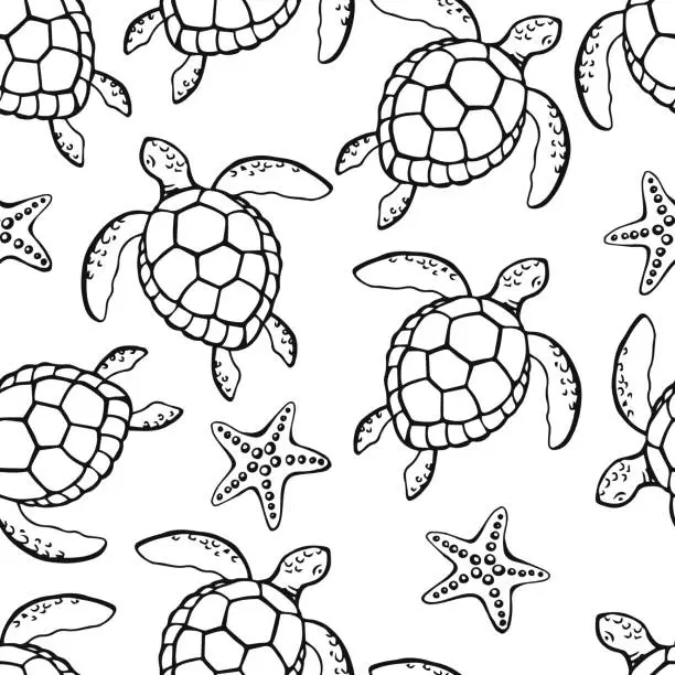 Vector illustration of Seamless pattern with sea turtle. Sea or ocean underwater life background