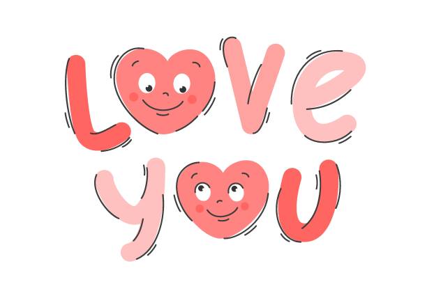 love you 01 Valentine card. Lettering text love you with cute hearts-characters. Holiday Happy Valentine's Day. Vector illustration i love you stock illustrations