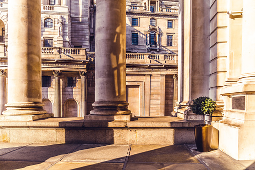 Colonnade of the Royal Exchange Building in the City of London