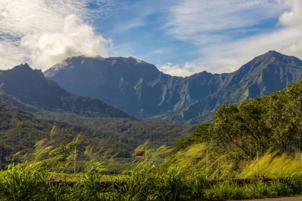 scenic view of the beautiful hanalei valley, kauai island - hawaii islands tropical climate mountain residential structure imagens e fotografias de stock