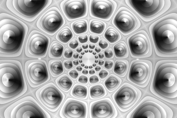 Symmetrical shiny monochrome circles from edges to center deep-going like tunnel digital illustration