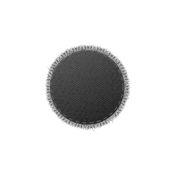 Vector illustration of Circle denim patch with stitches and fringe, realistic flat vector illustration isolated on white background.