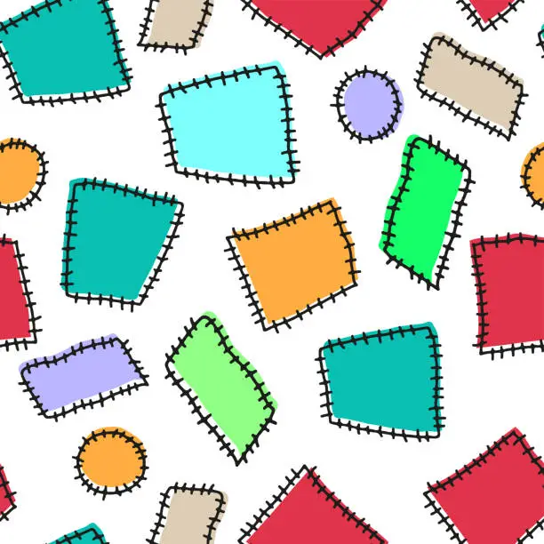 Vector illustration of Different multi-colored patches isolated on a white background. Seamless pattern. Hand drawn vector graphic illustration. Texture.