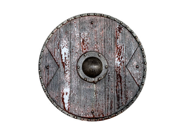 istock Old round shield in blood isolated on white background with clipping path 1364065385