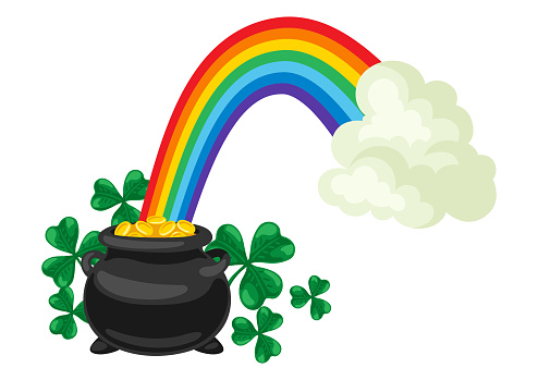 Saint Patricks Day illustration. Pot with gold coins, rainbow and clover. Irish festive national items.