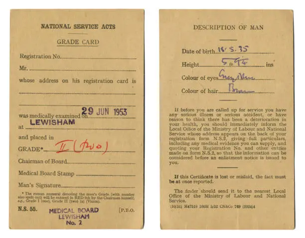 A British National Serviceman’s Grade Card, issued under the National Service Acts, and dated 29th June 1953 at Lewisham in South East London. He was placed in Grade Two and was aged 18. National Service came into force in the UK in 1949 and required all physically fit males between the ages of 17-21 to serve in one of the British Armed Forces for eighteen months (later two years), after which they were retained on the reserve list for a further four years. National Service ended in 1960, with the last National Servicemen being discharged in 1963. (Identifying information removed.)