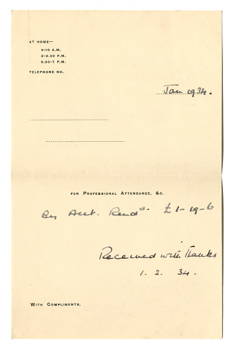 A British doctor’s bill ‘for professional attendance’ dated January 1934, which was receipted on the 1st February 1934, for the sum of one pound sterling, nineteen shillings and sixpence (£1.19s.6d). (Names and addresses removed.)