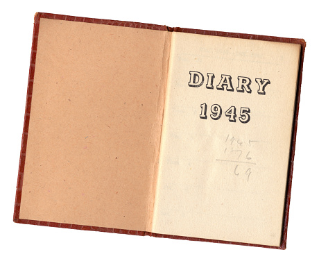 The inside cover and title page of an old diary from 1945, in which someone has calculated what the age of a person born in 1876 was in 1945. (Identifying details removed.)