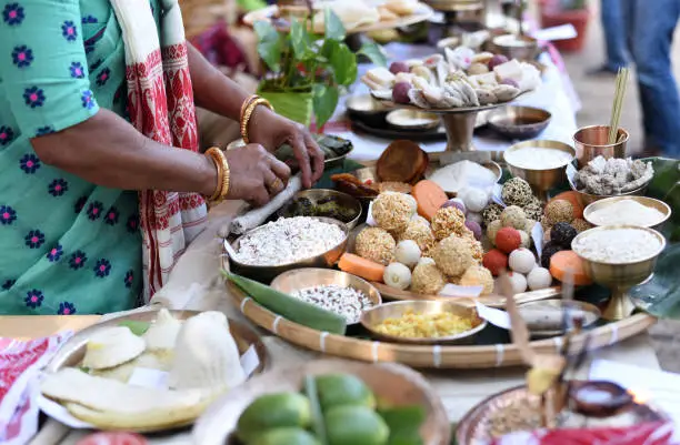 Assamese traditional food items displayed for sell in a stall ahead of Bhogali Bihu Festiva.