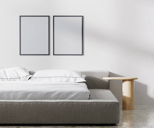 istock poster frames mock up in bedroom interior, minimalist style, white wall, 3d render 1364067187