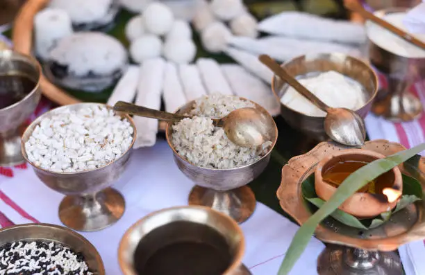 Assamese traditional food items displayed for sell in a stall ahead of Bhogali Bihu Festiva.