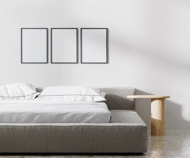 istock poster frames mock up in bedroom interior, minimalist style, white wall, 3d render 1364067201