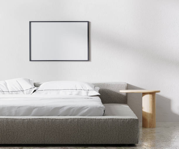 istock horizontal frame mock up in bedroom interior, minimalist style, white wall, 3d render 1364067203