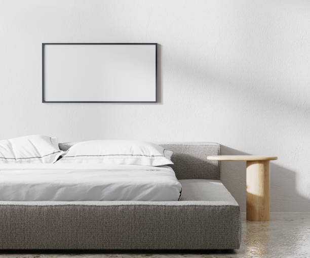istock horizontal frame mock up in bedroom interior, minimalist style, white wall, 3d render 1364067225