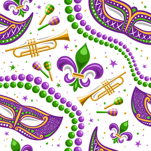 illustrazioni stock, clip art, cartoni animati e icone di tendenza di vector mardi gras seamless pattern - mardi gras mask bead fleur de lys