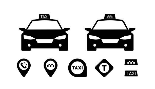 택시 자동차 아이콘 세트. 자동차 운전실. 비즈니스 및 광고를 위한 벡터 라인 아이콘 - new york stock illustrations