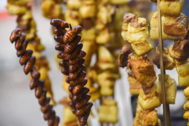 Vendor selling roasted silkworm moth and other roasted meat in a street stall