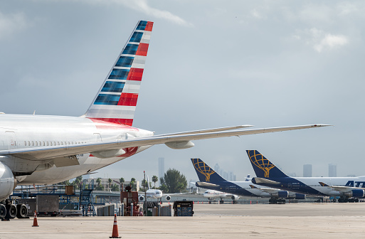 Miami, United States - January 11, 2022: Technical review of American Airlines airplanes at Miami International Airport.