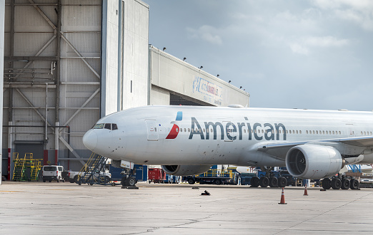 Miami, United States - January 11, 2022: Technical review of American Airlines airplanes at Miami International Airport.