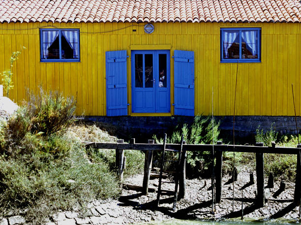 antigua y colorida cabaña elevada de pescadores sobre pilotes con techo corrugado en la playa costera de l'houmeau enfrente, ile de re, charente maritime, francia - shingle beach fotografías e imágenes de stock