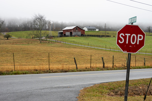Stop sign on rural road with farm in background, Jonesborough, Tennessee, USA