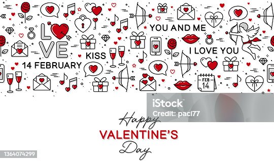 istock Love seamless pattern with black and red icons for st. Valentine's Day. 1364074299