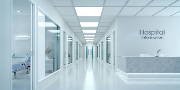 couloir vide dans un hôpital moderne avec comptoir d’information et lit d’hôpital dans les chambres.3d rendu - centre médical photos et images de collection