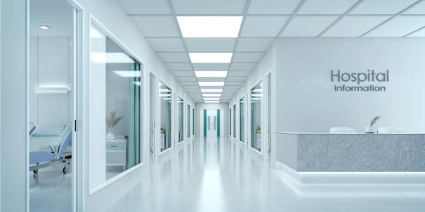 Empty corridor in modern hospital with information counter and hospital bed in rooms.3d rendering stock photo