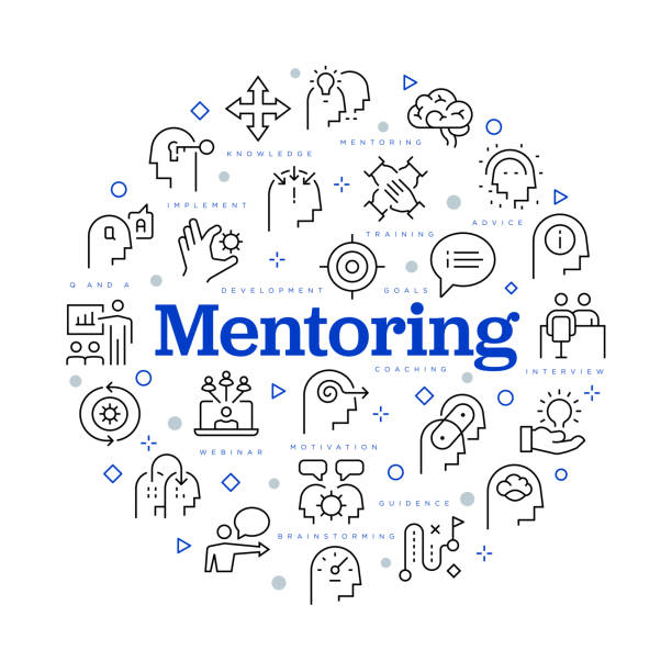 ilustraciones, imágenes clip art, dibujos animados e iconos de stock de concepto de mentoría. diseño vectorial con iconos y palabras clave. - mentoría