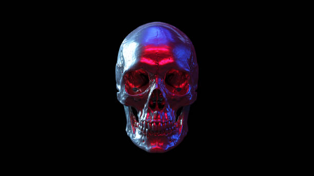 istock Skull Human Silver Reflection Blue Pink White Light Sci Fi Halloween Skeleton Jaw 1364079648
