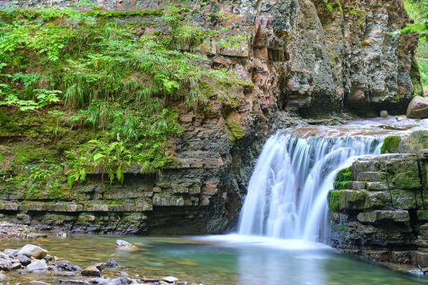 istock Waterfall on mountain river with white foamy water falling down from rocky formation in summer forest. 1364083998