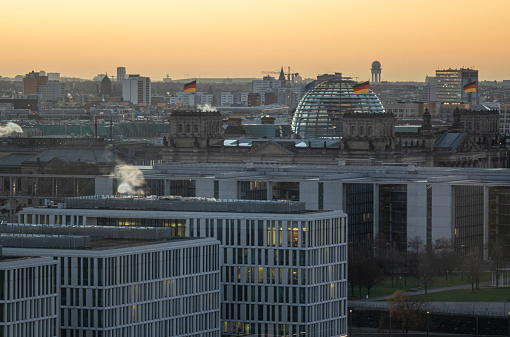 cold morning in Berlin. A view of the Reichstag and the Paul Löbe House.