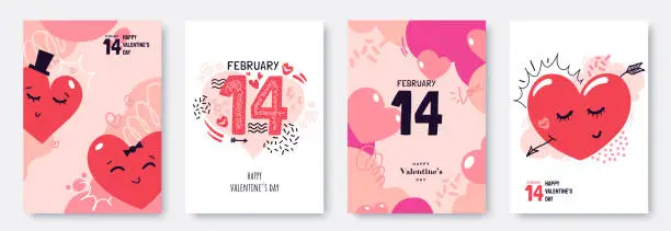 Vector illustration of Valentines day posters collection in cartoon flat style. Creative greeting cards for February 14. Love background with hearts. Ideal for flyers, invitation, brochure, banner. Vector illustration.