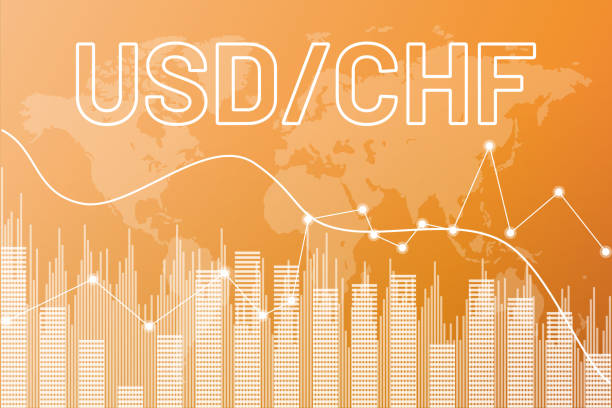 график валютной пары usd, chf на желтом финансовом фоне из столбцов, линий, карты мира - swiss currency dollar sign exchange rate symbol stock illustrations