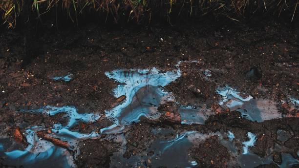 smudges of toxic industrial liquid chemical pollutant visible on surface of rain water puddles on muddy ground road - natural disaster imagens e fotografias de stock