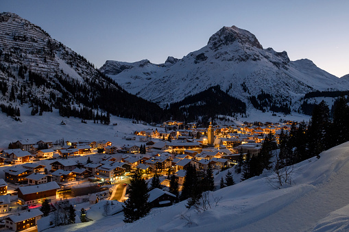 The famous ski-resort Lech in the evening during winter
