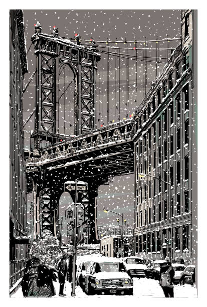 illustrazioni stock, clip art, cartoni animati e icone di tendenza di vista del manhattan bridge da brooklyn sotto la neve - brooklyn bridge new york city brooklyn famous place