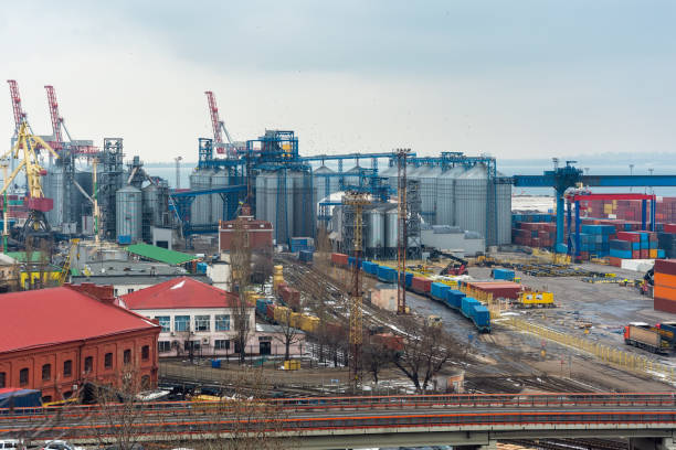 istock Stacked cargo containers and grain storage in cargo seaport storage area on cloudy day 1364096535