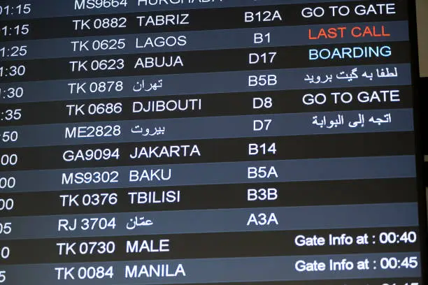 Close up shot of flight information board in Istanbul Airport