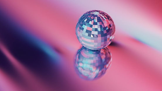 Disco ball on reflective background for clean copy space. 3D digital render