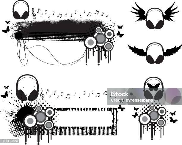Ilustración de Auricular Funky Banners y más Vectores Libres de Derechos de Nota musical - Nota musical, Sucio, Salpicado - Condición