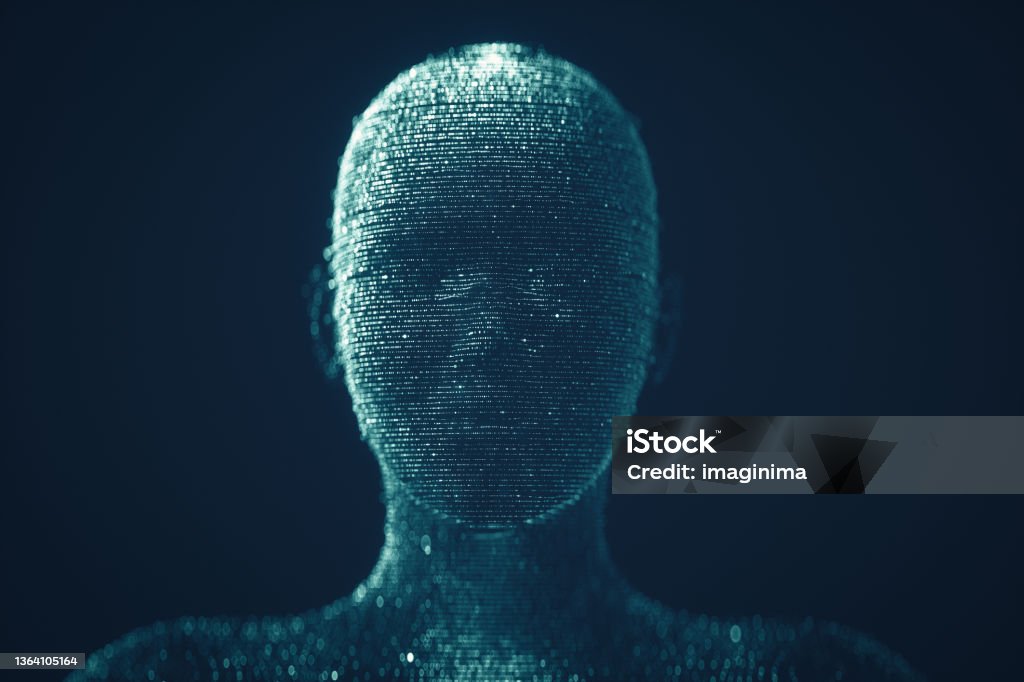Hologram Human Head - Deep Learning And Artificial Intelligence Abstract Background 3D hologram of a human head. Robot Stock Photo