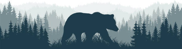 ilustrações de stock, clip art, desenhos animados e ícones de vector mountains forest woodland background texture seamless pattern with black bear - bear hunting